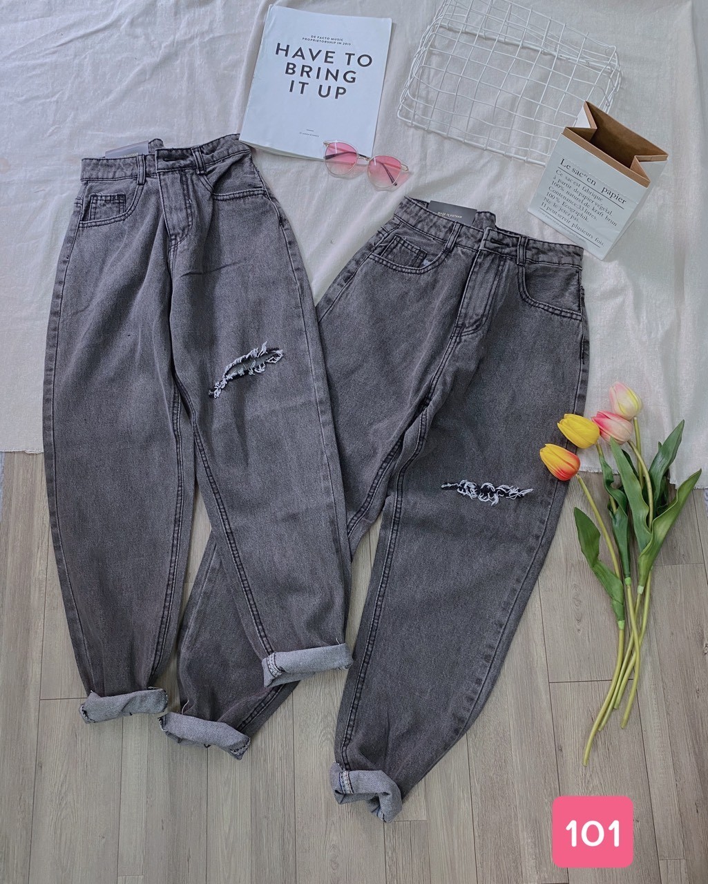 [ HÌNH THẬT!! ] QUẦN JEAN NỮ LƯNG CAO KIỂU QUẦN BAGGY JEAN NỮ MÀU XÁM UTI RÁCH CHÉO ĐÙI TRÁI M101 CỰC CHẤT THỜI TRANG VÀ PHONG CÁCH