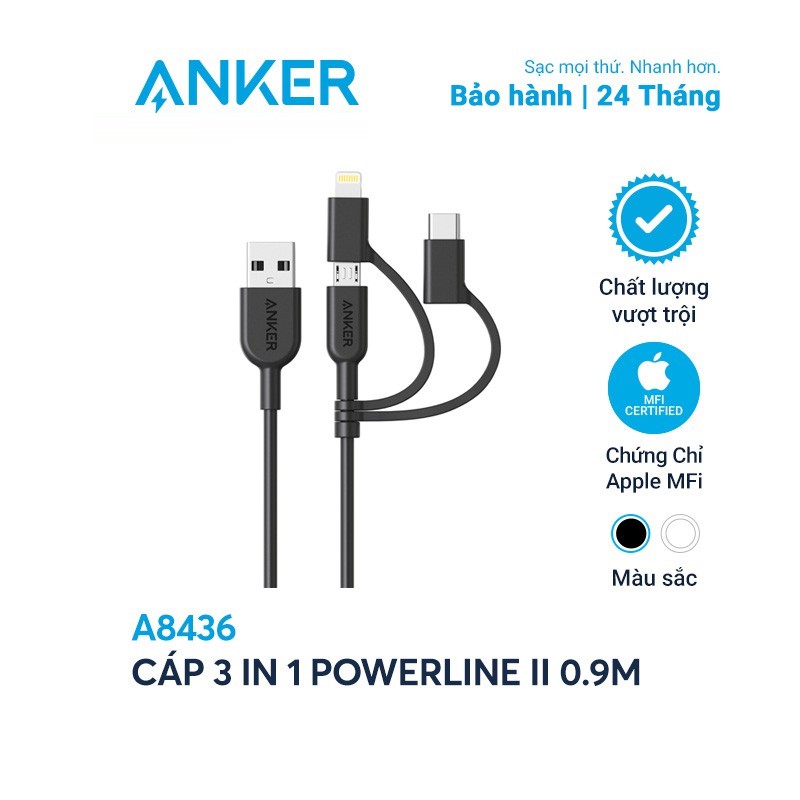 Cáp 3 in 1 anker powerline ii 0.9m-lightning - type c - micro usb - a8436 - hàng chính hãng