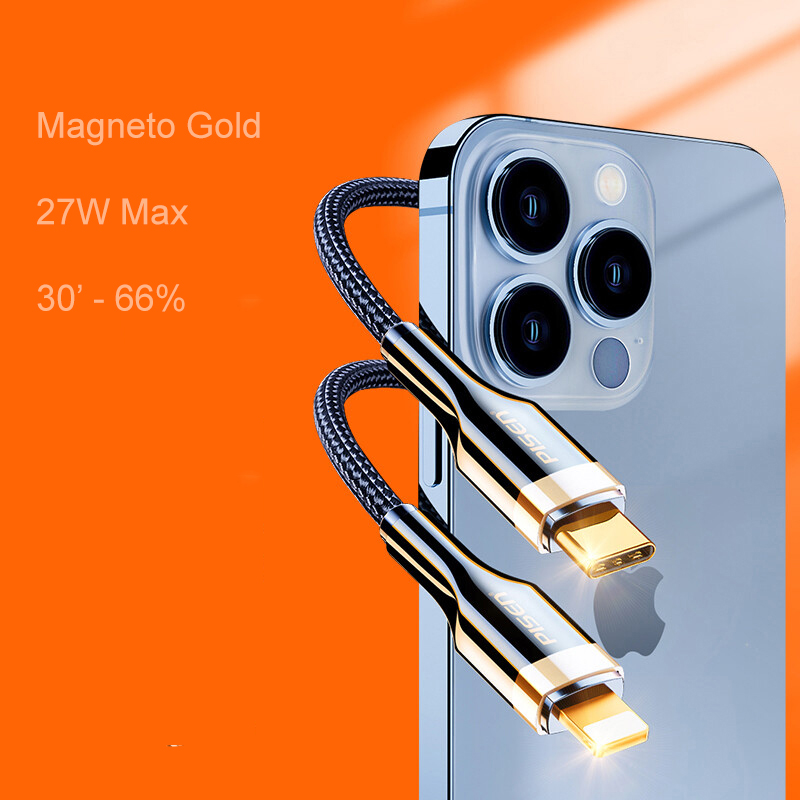 Cáp sạc nhanh iPhone GOLD - PISEN QUICK Magneto GOLD PD C to L 1200mm - Sạc nhanh an toàn cho iphone từ 6 tới 14 series - Hàng chính hãng bảo hành 18TH