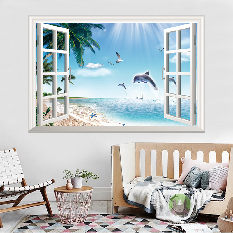 Decal dán tường khung cửa sổ cá heo - Giấy dán nền kính  nền gạch trang trí phòng khách  phòng ngủ - Phụ kiện trang trí nhà cửa - Decor nhà đẹp