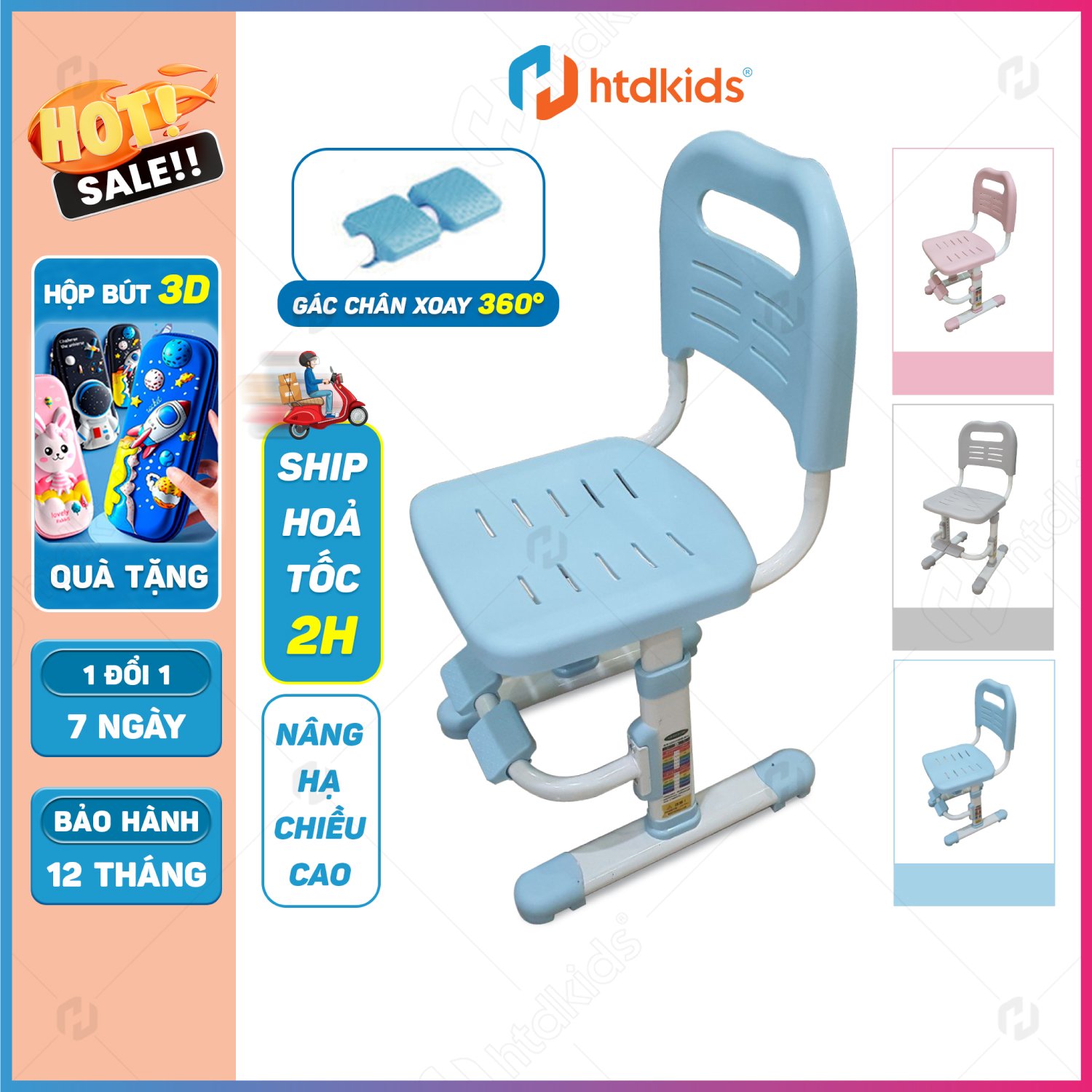 Ghế học sinh tiểu học có thể điều chỉnh độ cao có gác chân giúp điều chỉnh tư thế ngồi đúng, ghế ngồi học cho bé HTDkids K2