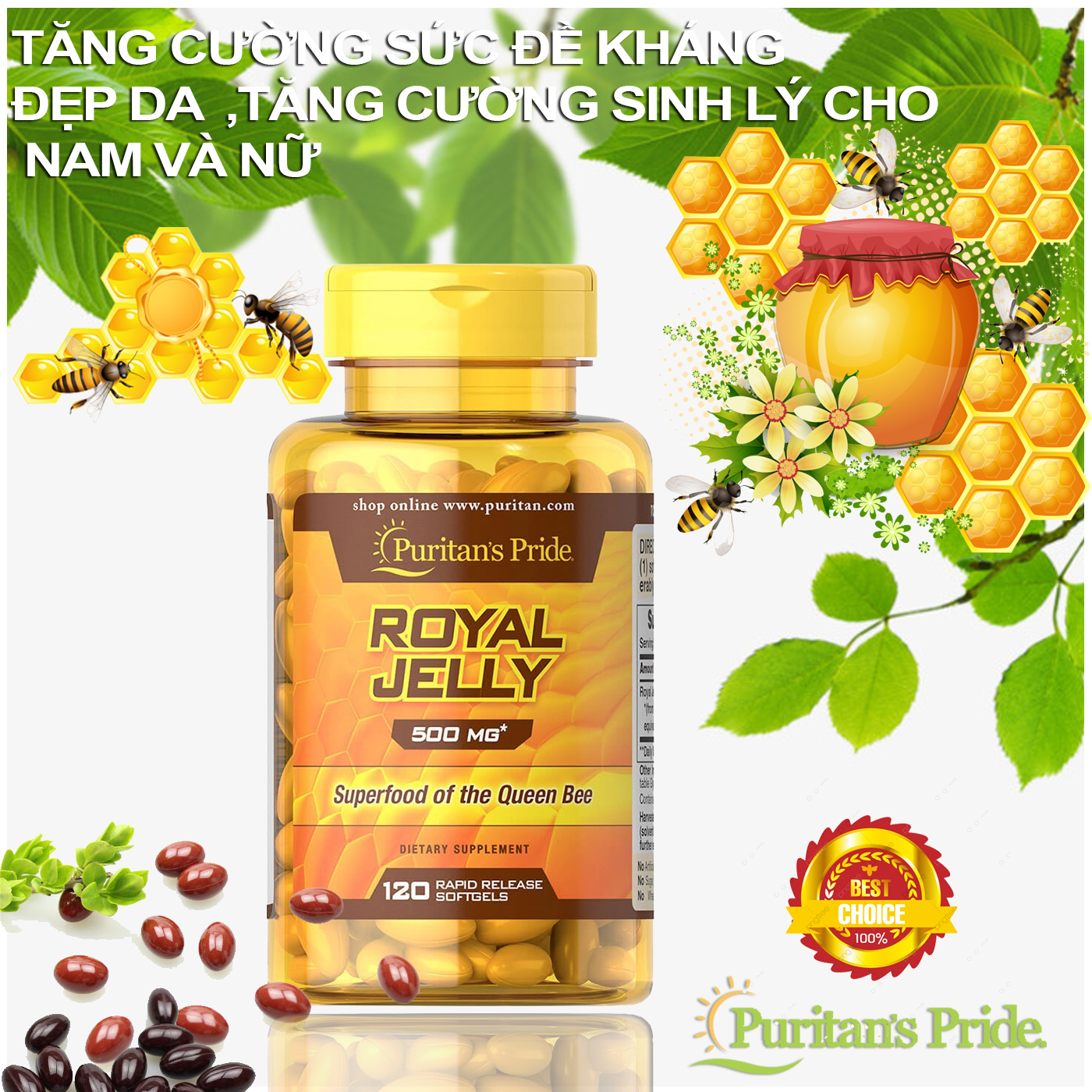 Sữa ong chúa giúp đẹp da, tăng cường sức khỏe, hỗ trợ sinh sản Puritan's Pride Royal Jelly 500mg 120 viên