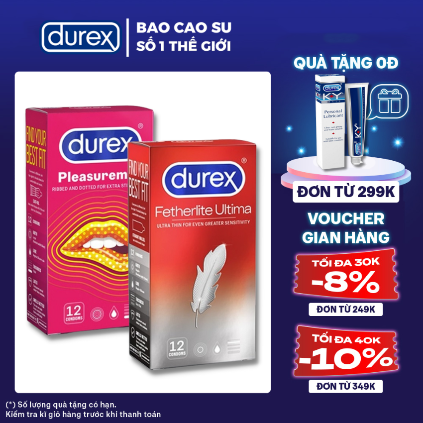 2 Hộp Bao cao su nam nữ Durex Pleasuremax gân gai + Durex Fetherlite Ultima siêu mỏng [Che tên SP 100%]