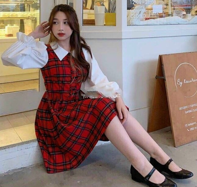 [HCM]Đầm carô phối tay dài dễ thương thời trang dạo phố dự tiệc