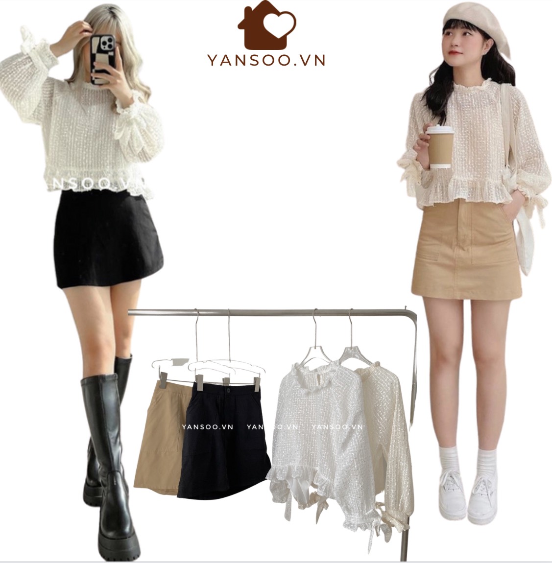 Sét áo somi cổ bèo bling bling kiểu mic chân váy chữ A cạp cao hách chân by YANSOO