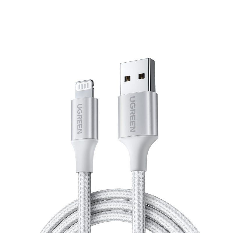 Ugreen 60159 0.25m màu trắng cáp usb 2.0 a ra lightning mfi đầu bọc nhôm mà nickel chống nhiễu 25cm uss291 60159