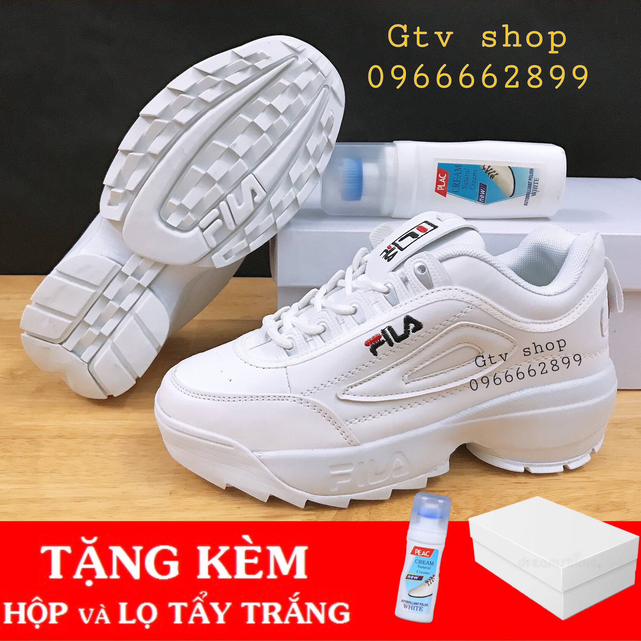 Tặng hộp và lọ vệ sinh giày - Giày thể thao nam nữ fila trắng, độn đế, size 36-43.