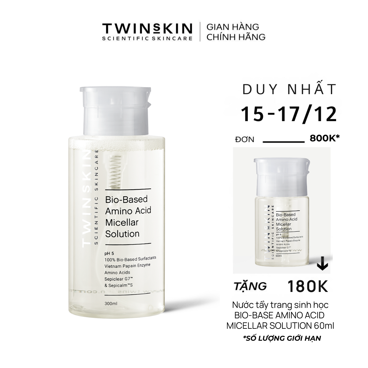  Nước tẩy trang sạch sâu giảm viêm bảo dưỡng hàng rào bảo vệ da - Bio-Based Amino Acid Micellar Solution Twins Skin 300ml & 60ml 