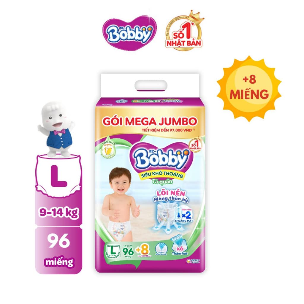 ✓ sẳn hàng✓tã quần bobby mega jumbo l96 + 8 miếng.