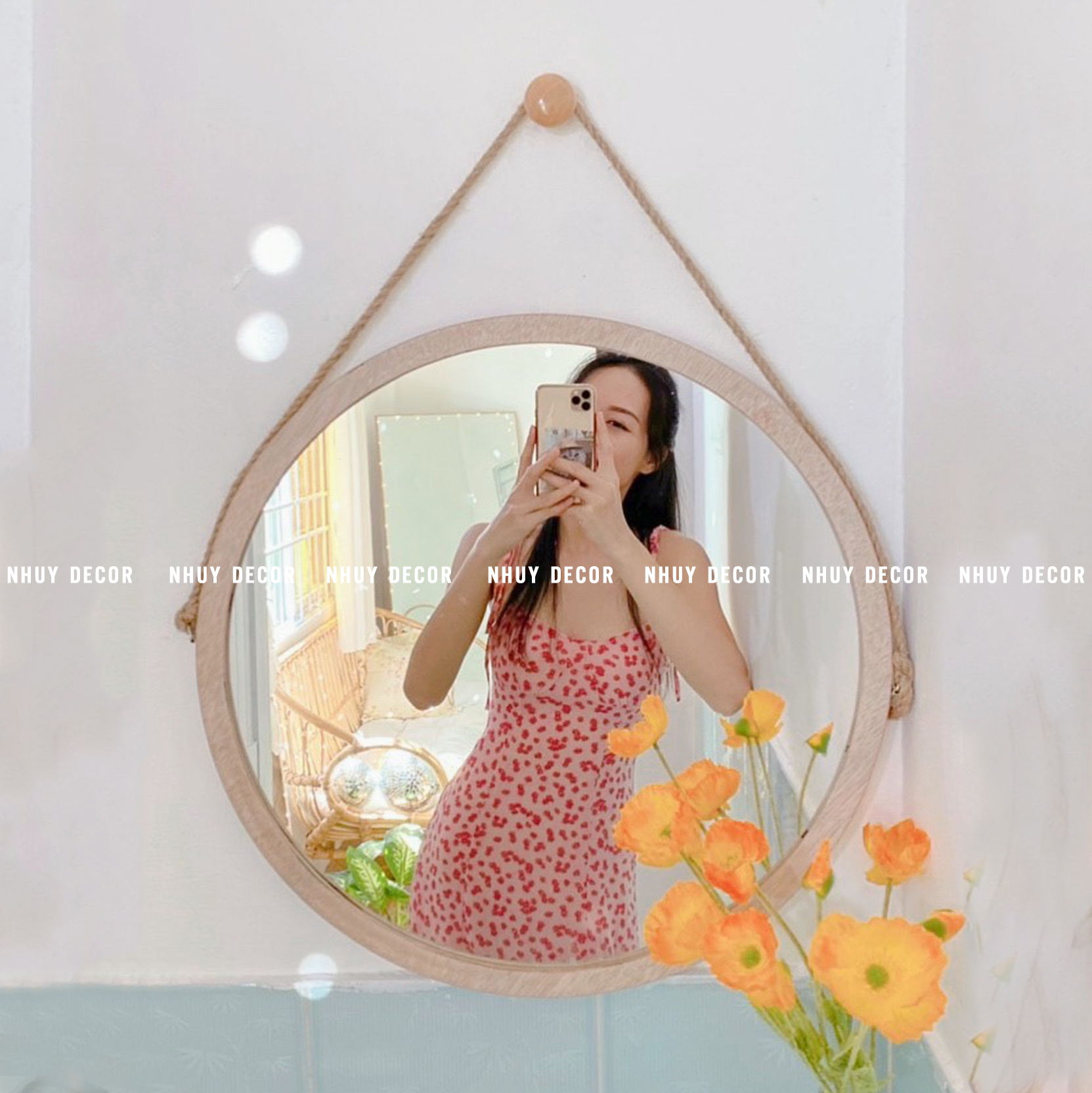 Gương Tròn Treo Tường Viền Gỗ - Gương Trang Trí Phòng Ngủ & Phòng Tắm Đường kính 45cm