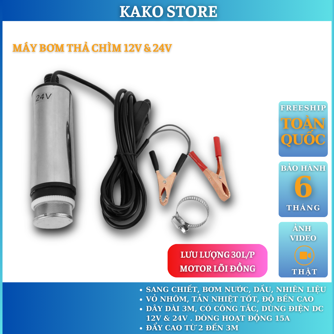 Máy bơm chìm 12v KAKO , bơm thả mini dầu nước nhớt xăng 24v, motor dây đồng, lưu lượng 30 lít trên phút, bảo hành 6 tháng.