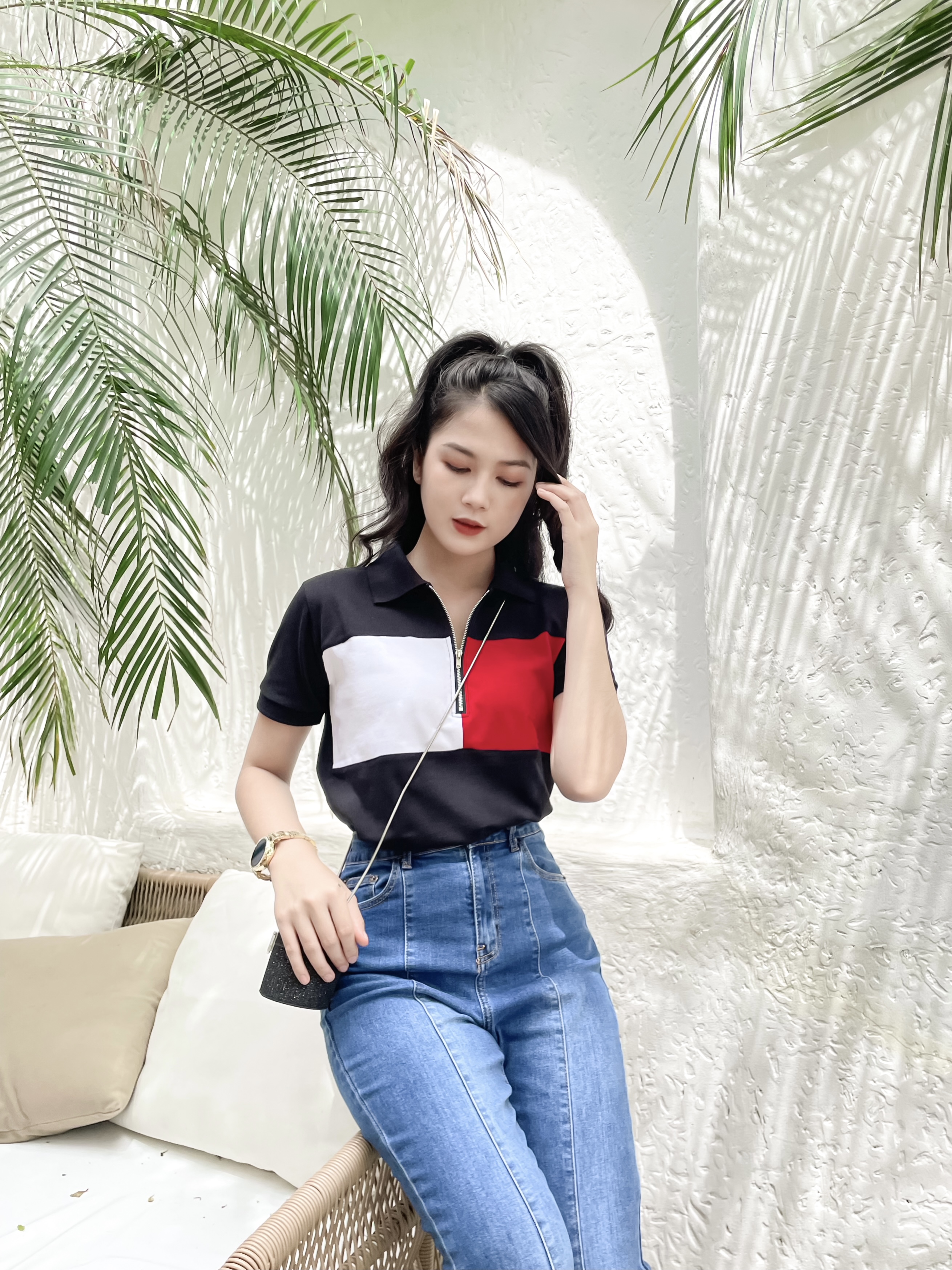 Áo thun cổ trụ áo polo tm đen dây kéo vnxk - cotton 100%