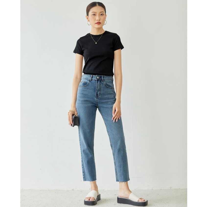 Weier.Q - Quần Jeans Cotton Nữ Form Straight Jeans Cutline Lưng Cao Ống Đứng Màu Classic Blue