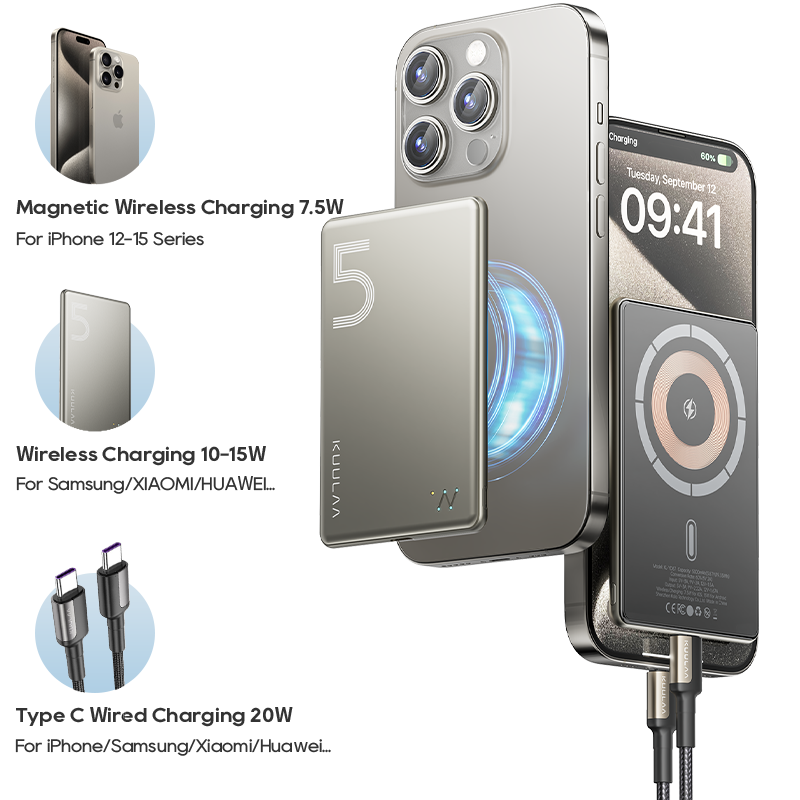 Kuulaa 5000mAh Power Bank Không Dây Tích Hợp Nam Châm PD20W Wireless Magsafe PowerBank for iPhone 15 Pro Max 14 13 12 Series Slim Fast Charge with Auto-wake 7.2mm Portable Magn/etic Battery Pin Sạc Dự Phòng