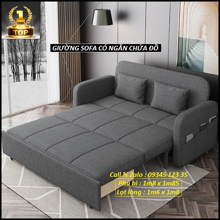Giường sofa gấp gọn thành ghế sofa kt 1m58 x 1m85. giường sofa thông minh có ngăn chứa đồ. toàn bộ khung thép chịu lực sơn tĩnh điện với 8 điểm trợ lực