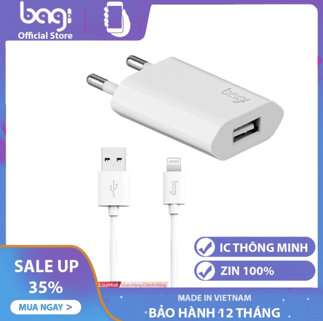 [HCM]CỦ SẠC DẸP VÀ CÁP 1M SẠC NHANH CHO IPHONEIPAD - BAGI CB-I51Z