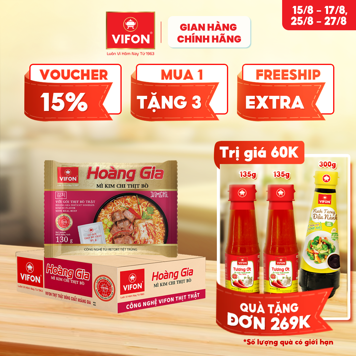 [VOUCHER đến 80K]-HOÀNG GIA mì Kim Chi Thịt Bò VIFON 130gr/gói