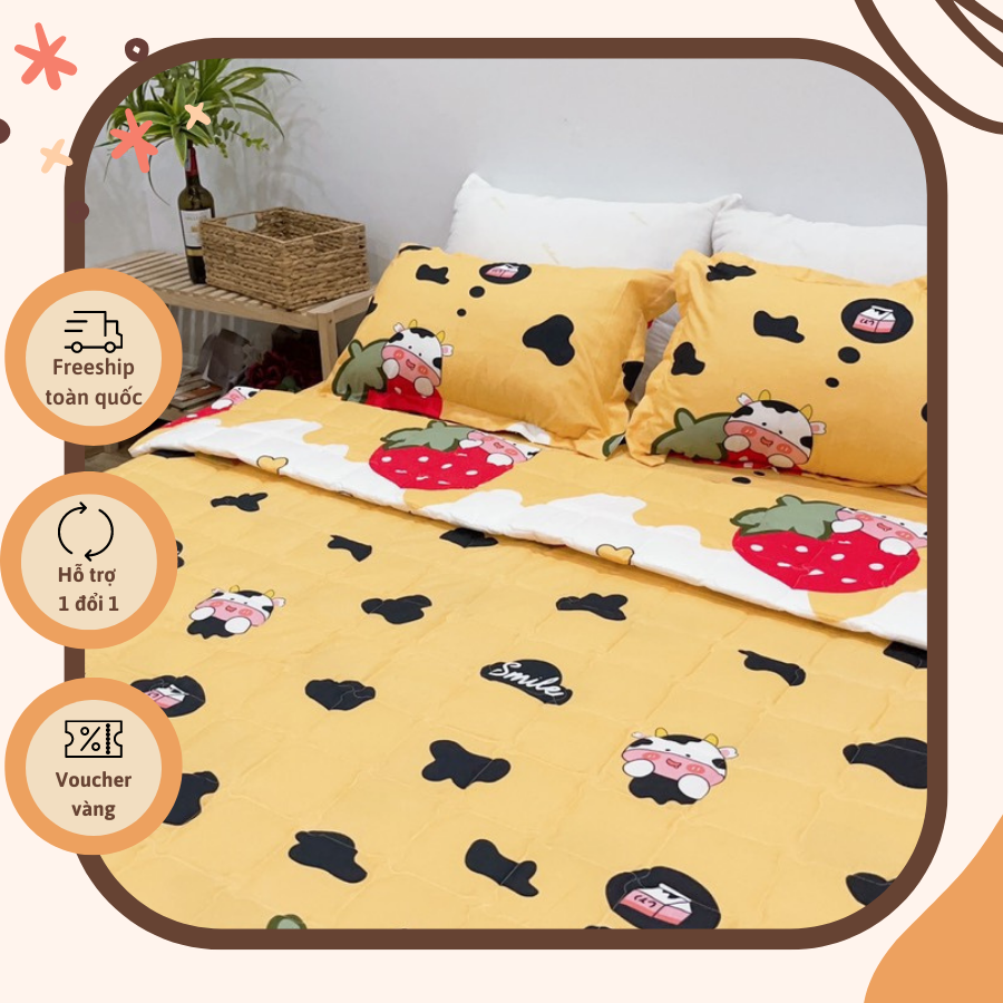 Bộ Chăn Ga Gối Hè Thu 5 Món Mẫu Bò Sữa Dâu Vàng  CHM45 ( Gồm 1 Chăn Hè, 1 ga bo chun,2 vỏ gối nằm và 1 vỏ gối ôm)