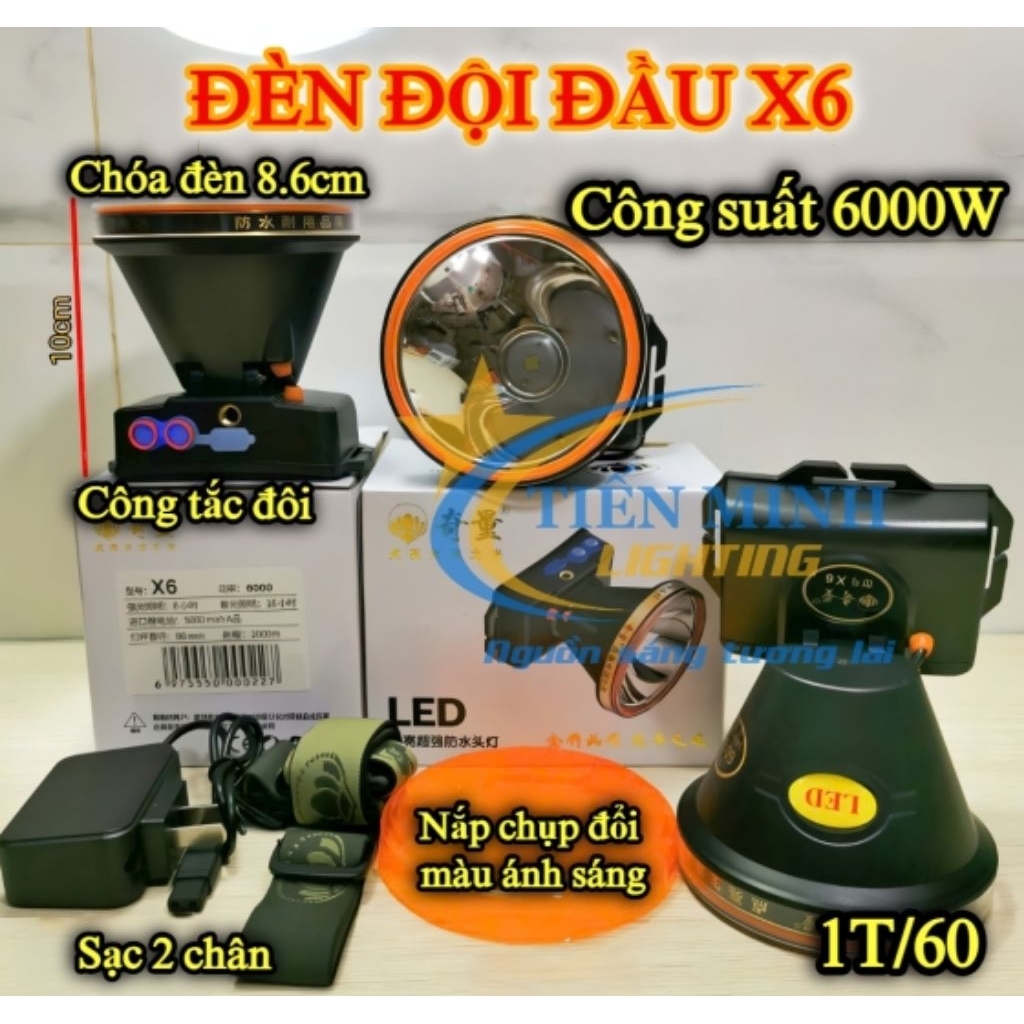 Đèn đội đầu kín nước X6 6000W siêu sáng có 2 chế độ sáng mạnh/yếu dùng đi rừng, soi ếch, đi đêm