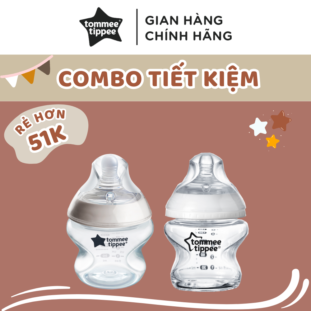 COMBO Bình sữa thuỷ tinh ty siêu mềm tự nhiên Tommee Tippee 150ml & Bình sữa ty siêu mềm tự nhiên Tommee Tippee 150ml
