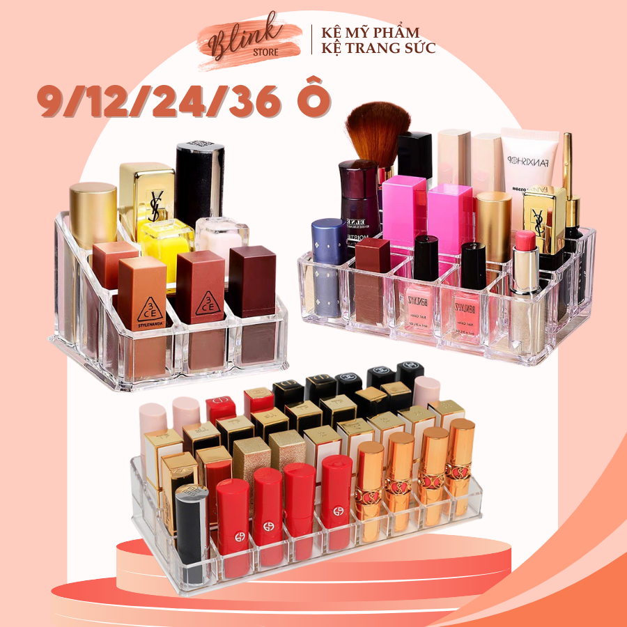 Kệ đựng mỹ phẩm, SON MÔI.Thiết kế 9/12/24/36 ô. Chất liệu mica trong suốt, dày dặn siêu bền dùng trang trí góc trang điểm, tiết kiệm diện tích và dễ dàng chọn màu son. Thanh toán khi nhận hàng.