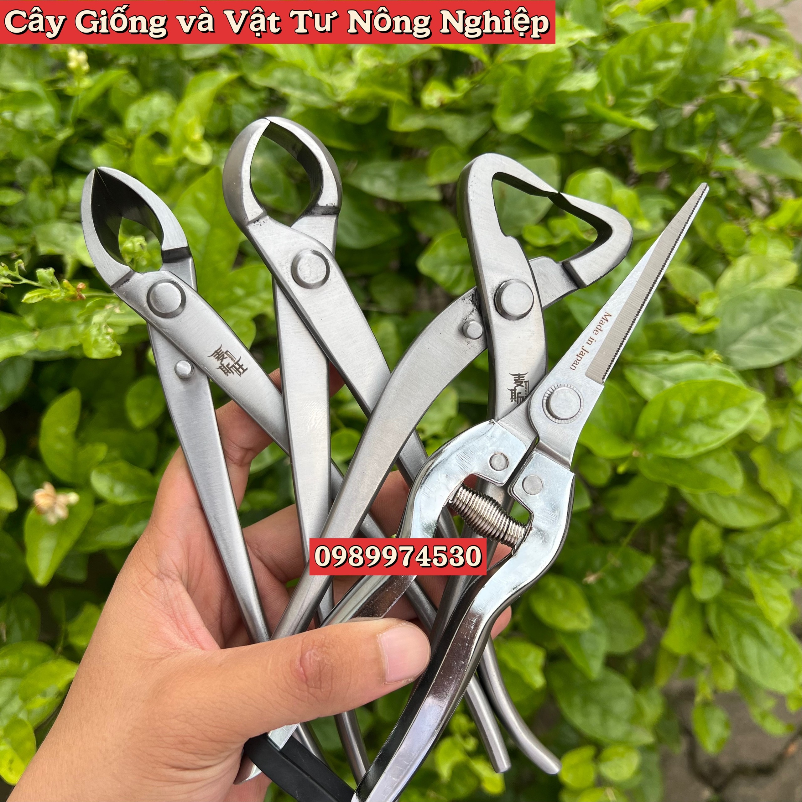 Bộ dụng cụ kìm cạp tròn + kìm cạp xéo + kìm bổ cây + kéo tỉa dăm thép trắng nguyên khối cn nhật bản, dụng cụ bonsai, cây cảnh