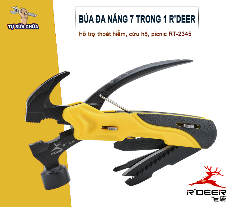 Búa đa năng bỏ túi R'Deer 7 trong 1 (búa đinh, nhổ đinh, kìm, kẹp, dao, cưa, mở nắp chai...)hỗ trợ thoát hiểm, cứu hộ, picnic RT-2345
