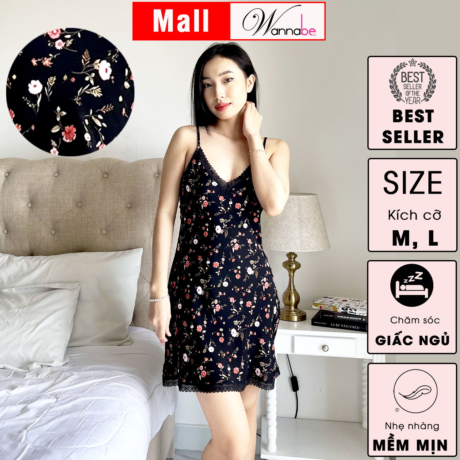 Đồ ngủ nữ Wannabe DNS74 đầm ngủ hai dây lụa mango cổ tim nền hoa nhi`` xinh xắn trang nhã