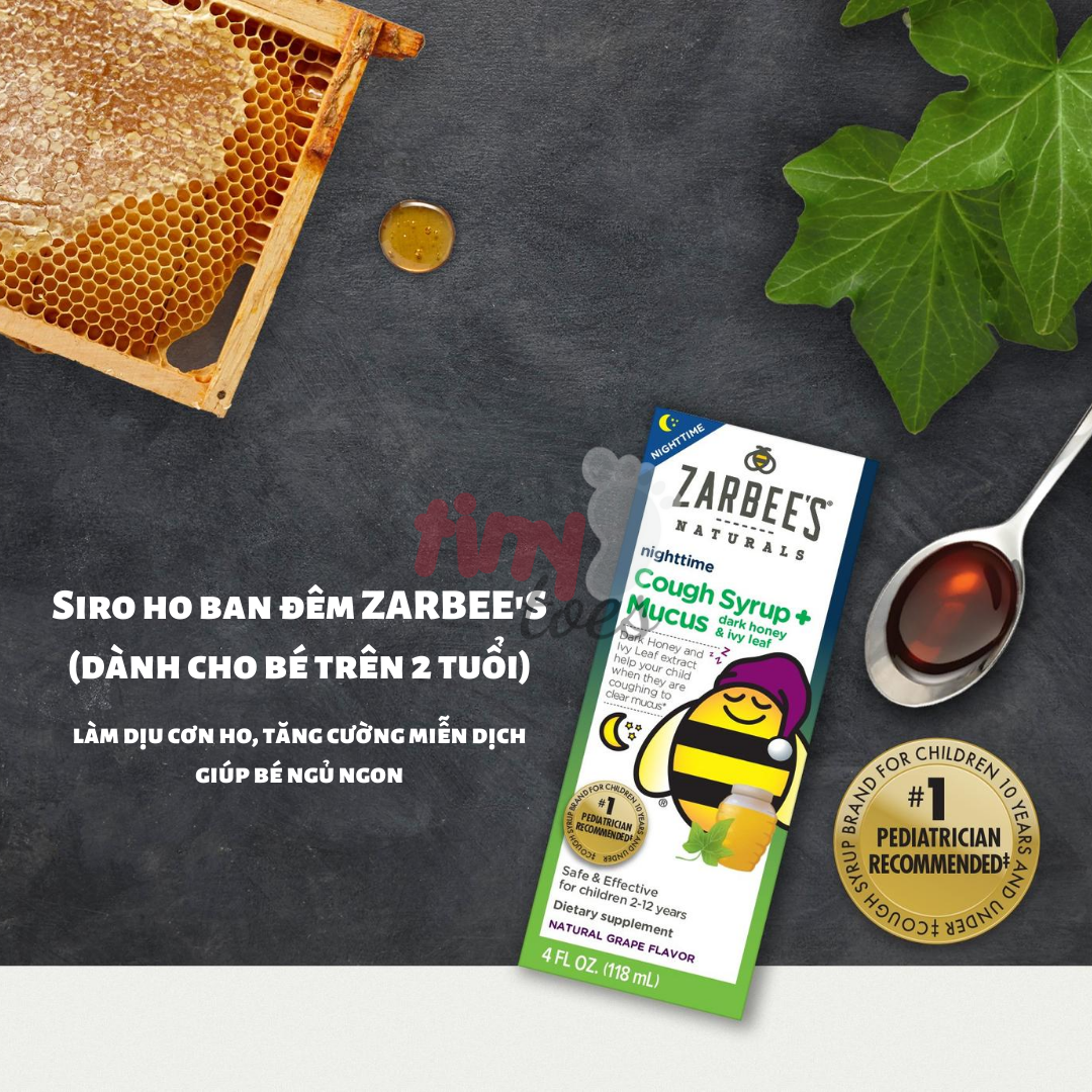 Siro ho Zarbees Cough Syrup + Mucus (tiêu đờm ban đêm) cho bé trên 2 tuổi với thành phần lá thường xuân và mật ong đen giúp làm dứt cơn ho, dịu cổ họng và tăng cường hệ miễn dịch, 118ml, xuất xứ Mỹ
