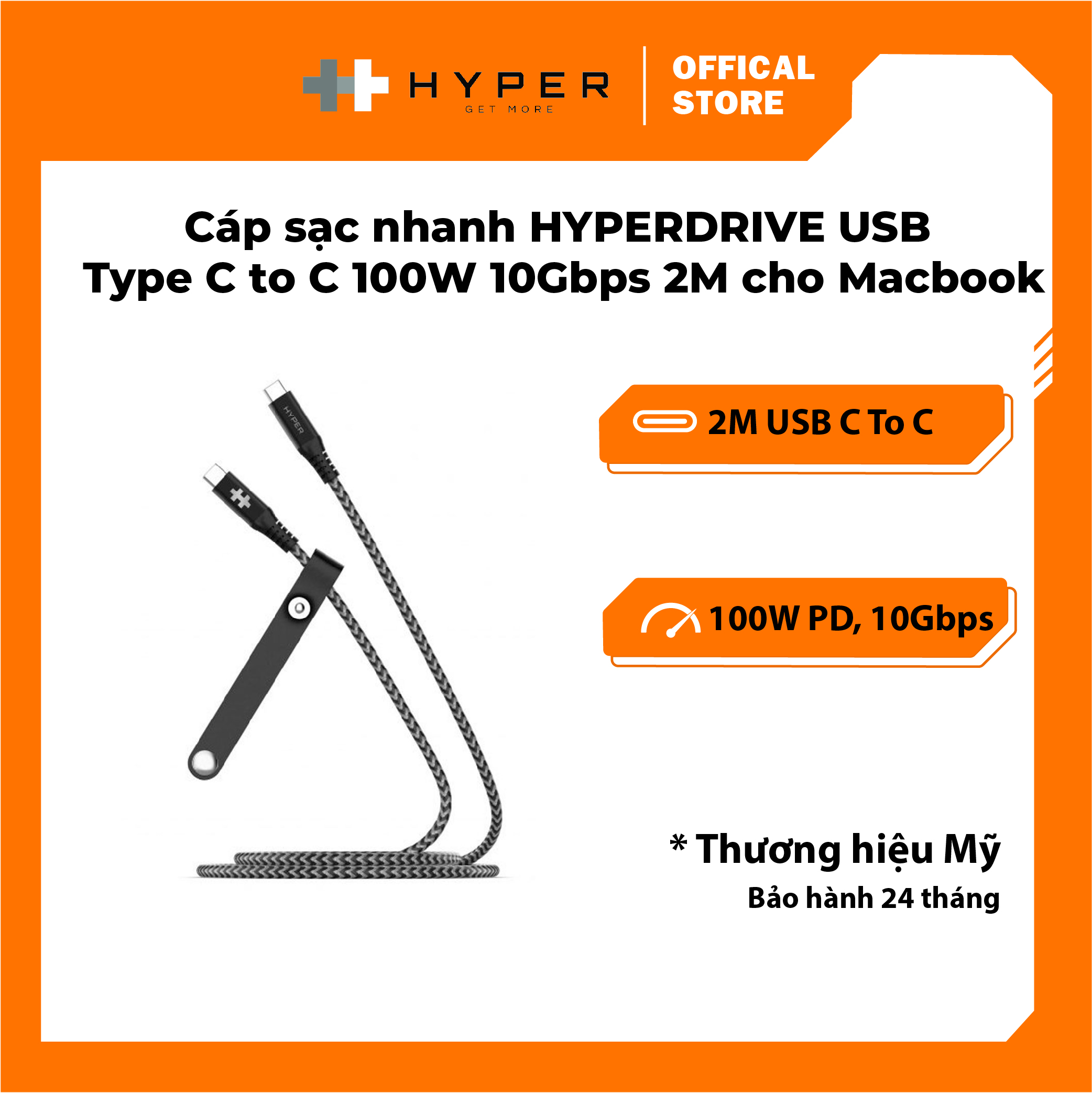 Cáp usb-c to usb-c 2m hyperdrive data & charging 10gbps + 100w - hd-cbg601 - hàng chính hãng