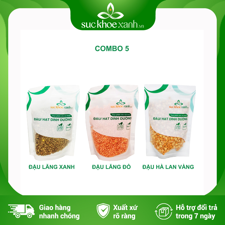 Combo 5 - Đậu lăng đỏ nguyên hạt & Đậu lăng xanh & Đậu hà lan vàng tách đôi - 250g/túi