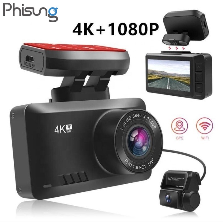 High-end car dash cam brand phisung with 4k resolution, wifi, 2.45 inch screen - front camera: 2160p, 170 degree angle of view ° - rear camera: 1080p - code: g3