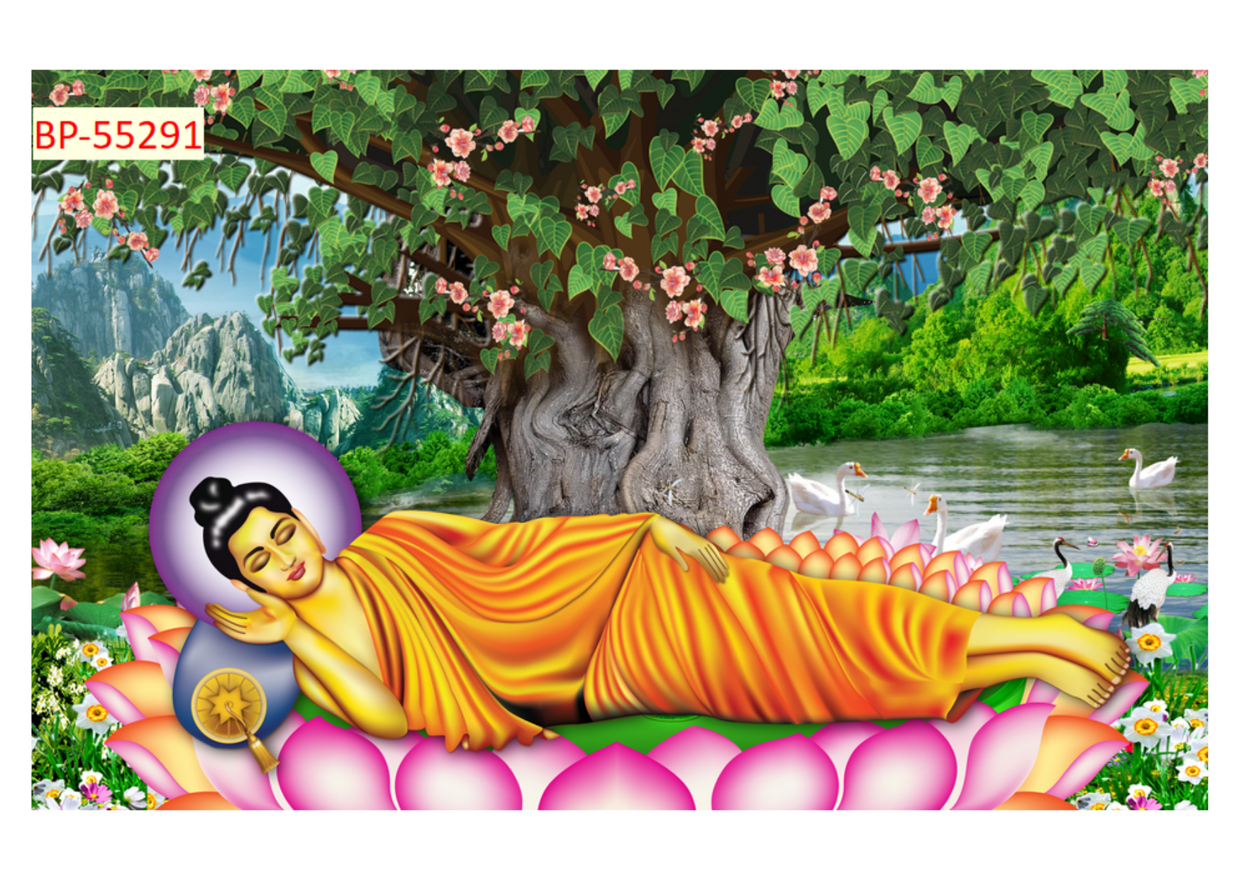 Tranh dán tường phòng thờ , Đức Phật Thích Ca Mô Ni bên cây Bồ Đề( tranh tích hợp sẵn keo)