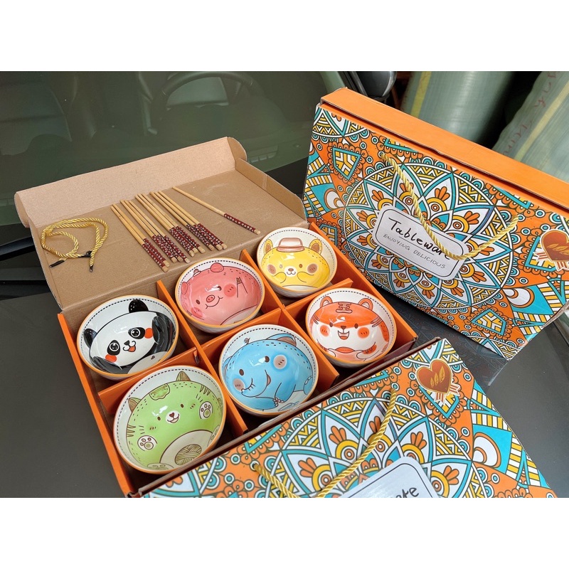 Bộ bát sứ bộ chén set bát đũa họa tiết thổ cẩm động vật sang trọng 6 bát 6 đôi đũa Nhật Bản
