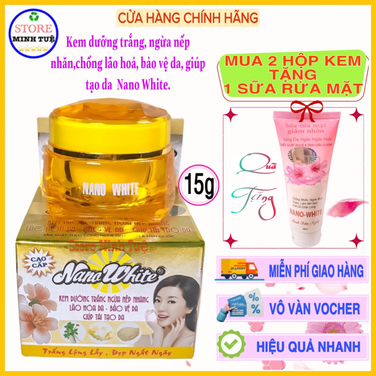Kem dưỡng trắng Nano White ngừa nếp nhăn, lão hóa da, bảo vệ da, giúp tái tạo da làm da mịn màng ( 15g ), MUA 2 TẶNG 1, Kem nano white.