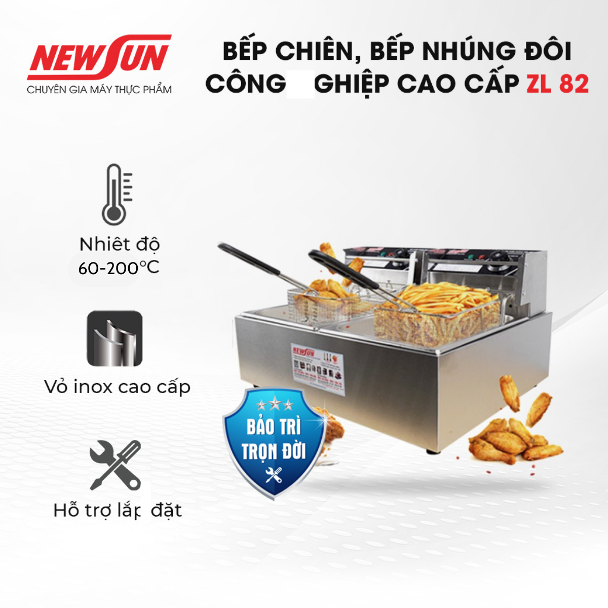 Bếp chiên nhúng điện ngập dầu newsun zl82 - chiên giòn khoai/thực phẩm ngập dầu - công suất 2,5kw, 5.5l - màu bạc - hàng chính hãng