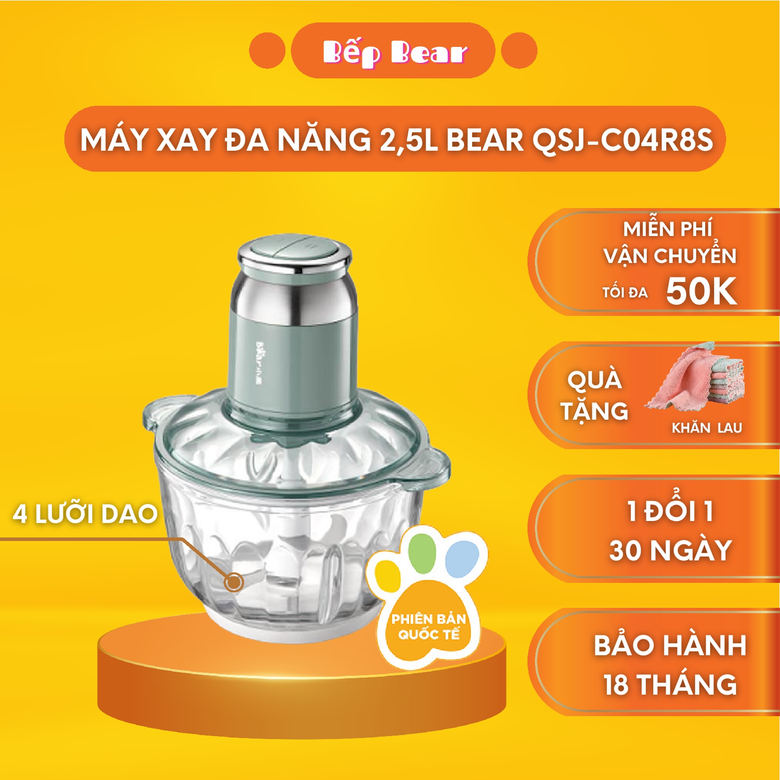 Máy xay thịt đa năng BEAR, Xay thực phẩm Đa Năng, Dung Tích 0,6L - 2L- 2.5L, Công Suất Lớn 300W_2 Chế Độ Xay_Bản Quốc Tế Bảo Hành 18 Tháng