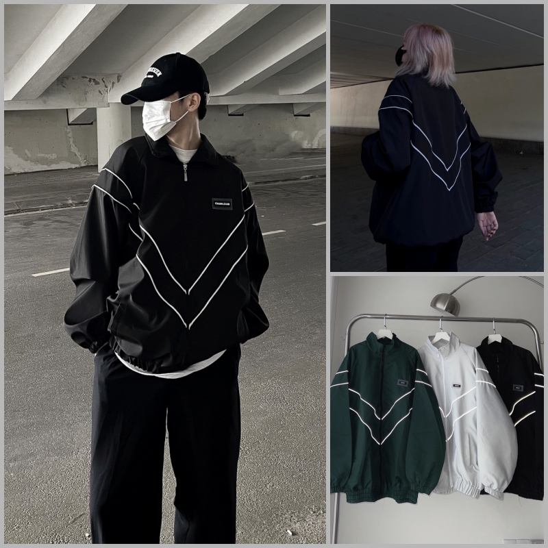 Áo Khoác Dù Nam Jacket Phản Quang Phối Sọc Form Rộng Khóa Kéo Unisex