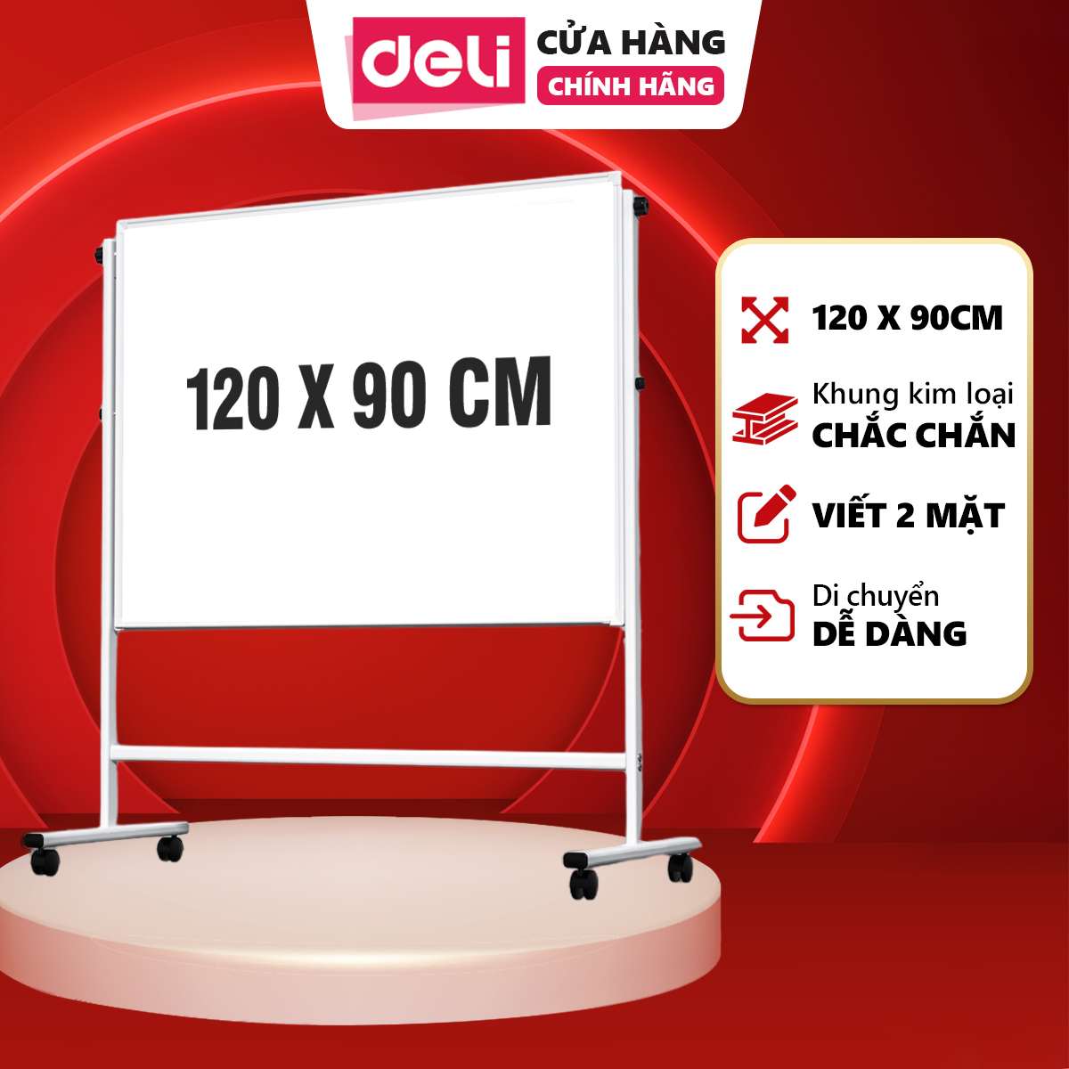 Bảng Từ Trắng Hai Mặt Deli - Có Chân Di Động Chữ H Điều Chình Cao Thấp Xoay 360 Độ Kèm Bộ Phụ Kiện Bút Lau Bảng Nam Châm