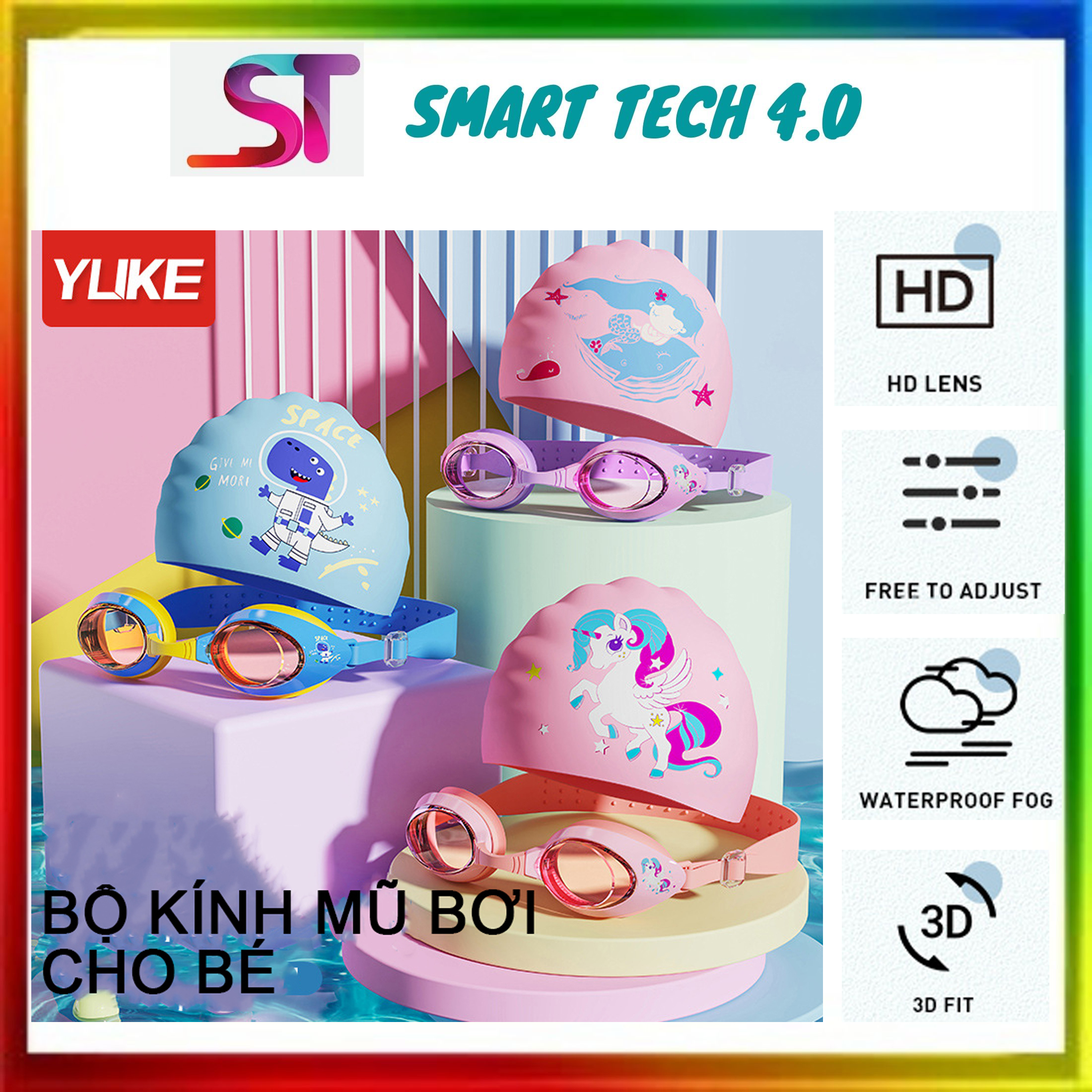 Bộ Kính Mũ Bơi Trẻ Em Kính Bơi Trẻ Em Kèm Mũ Silicon Kính Bơi 3 Lớp Chống Sương Mù Chống Tia UV Chống Nước Độ Nét Cao Có Thể Điều Chỉnh Kích Thước Bơi Lội Chuyên Nghiệp Bé Trai Bé Gái SMARTTECH4.0