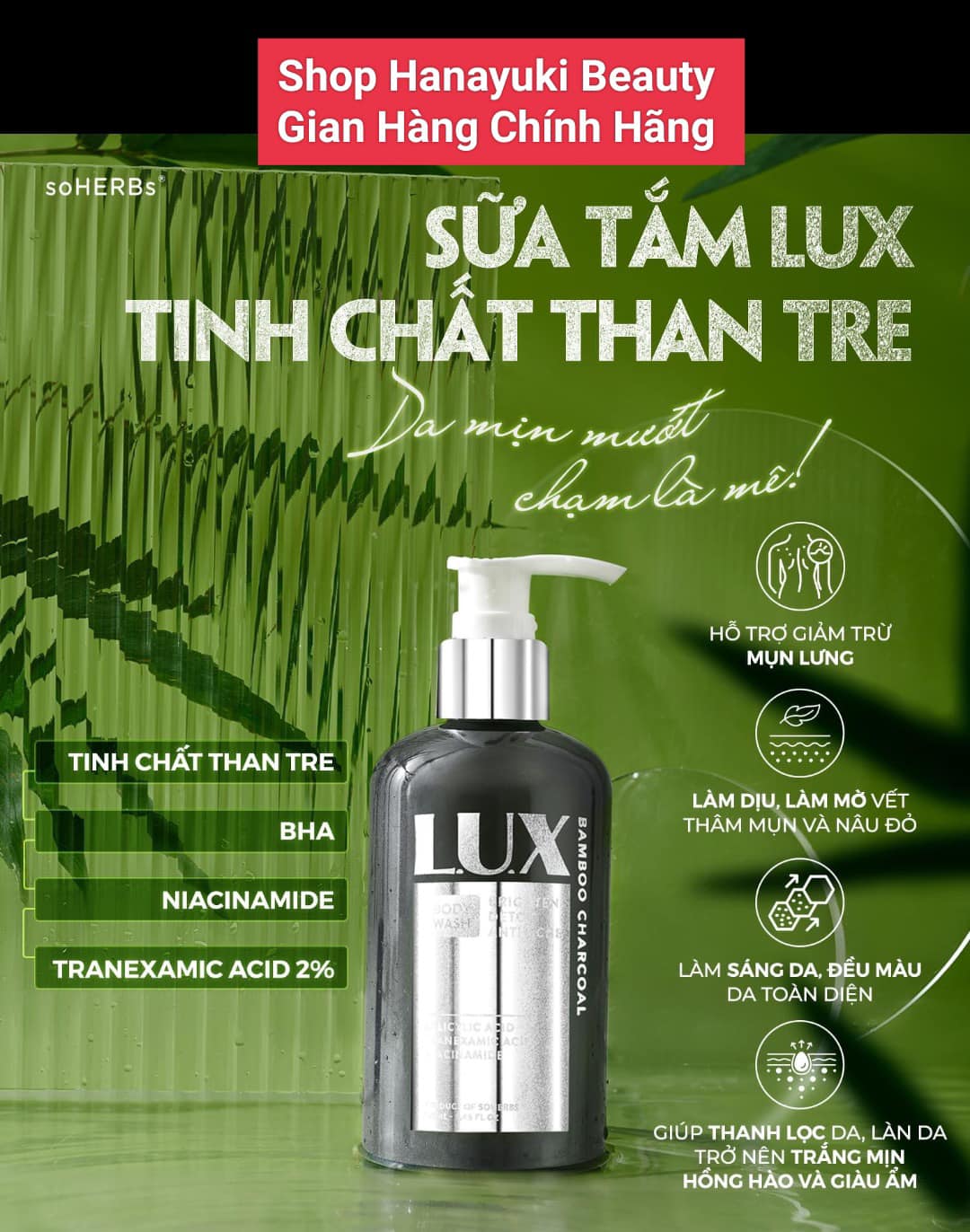 Sữa tắm lux soherbs than tre giúp giảm mụn lưng, da sáng mịn mướt, khỏe, hồng hào 250ml