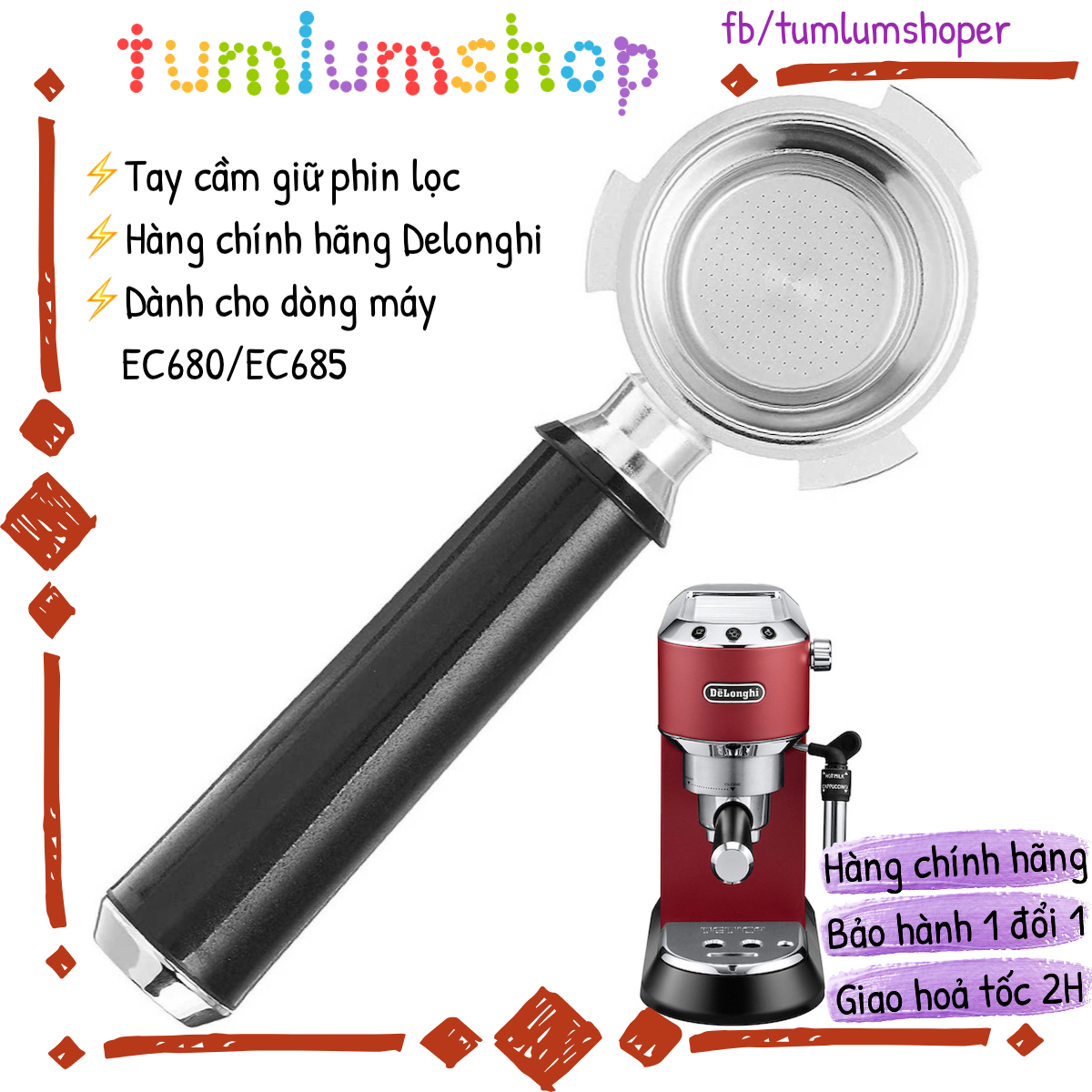 Tay cầm giữ phin lọc máy pha cà phê delonghi ec685/ec680