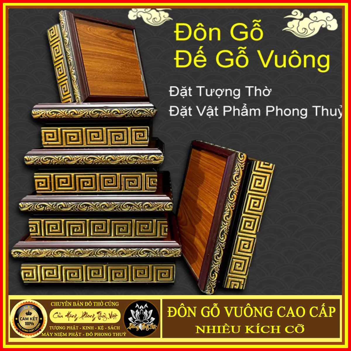 Bán chạy đôn gỗ hình vuông có hoa văn màu vàng nổi nhiều cỡ