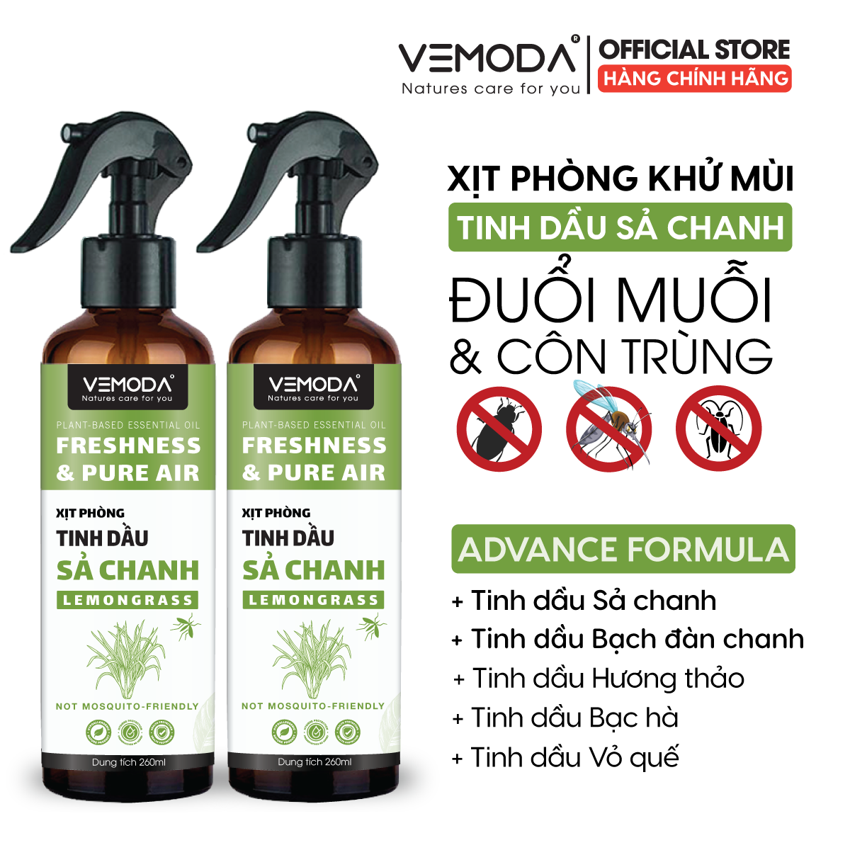 Xịt phòng tinh dầu hỗ trợ đuổi muỗi, côn trùng, kiến, gián. Xịt phòng tinh dầu sả chanh. Xịt phòng khử mùi, thanh lọc không khí, thơm phòng. Dung tích 260ml - VEMODA
