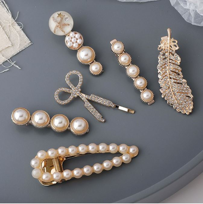 Set 6 kẹp tóc đính ngọc trai thời trang hàn quốc cổ điển cho nữ - set 6 kẹp tóc ngọc trai sang chảnh