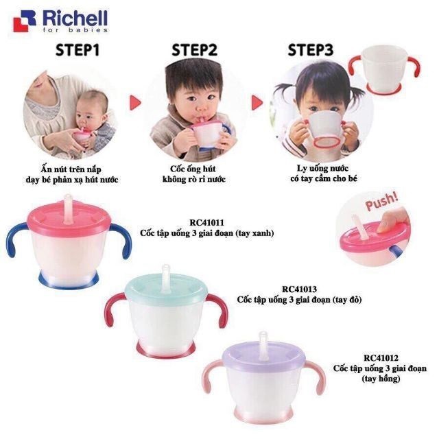 Cốc tập uống cho bé , cốc tập uống 3 giai đoạn Richell mẹ nhấn Push SiliCone, bé tự mút hoặc tháo nắp làm ca
