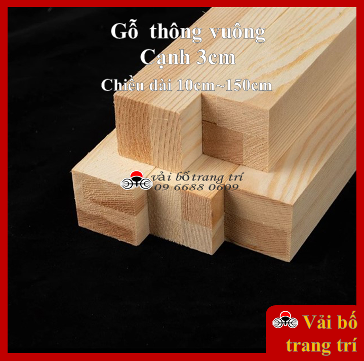 Thanh gỗ vuông, thanh gỗ thông vuông, cạnh 3cm, gỗ thông làm handmade, mô hình, decor, treo tường, macrame
