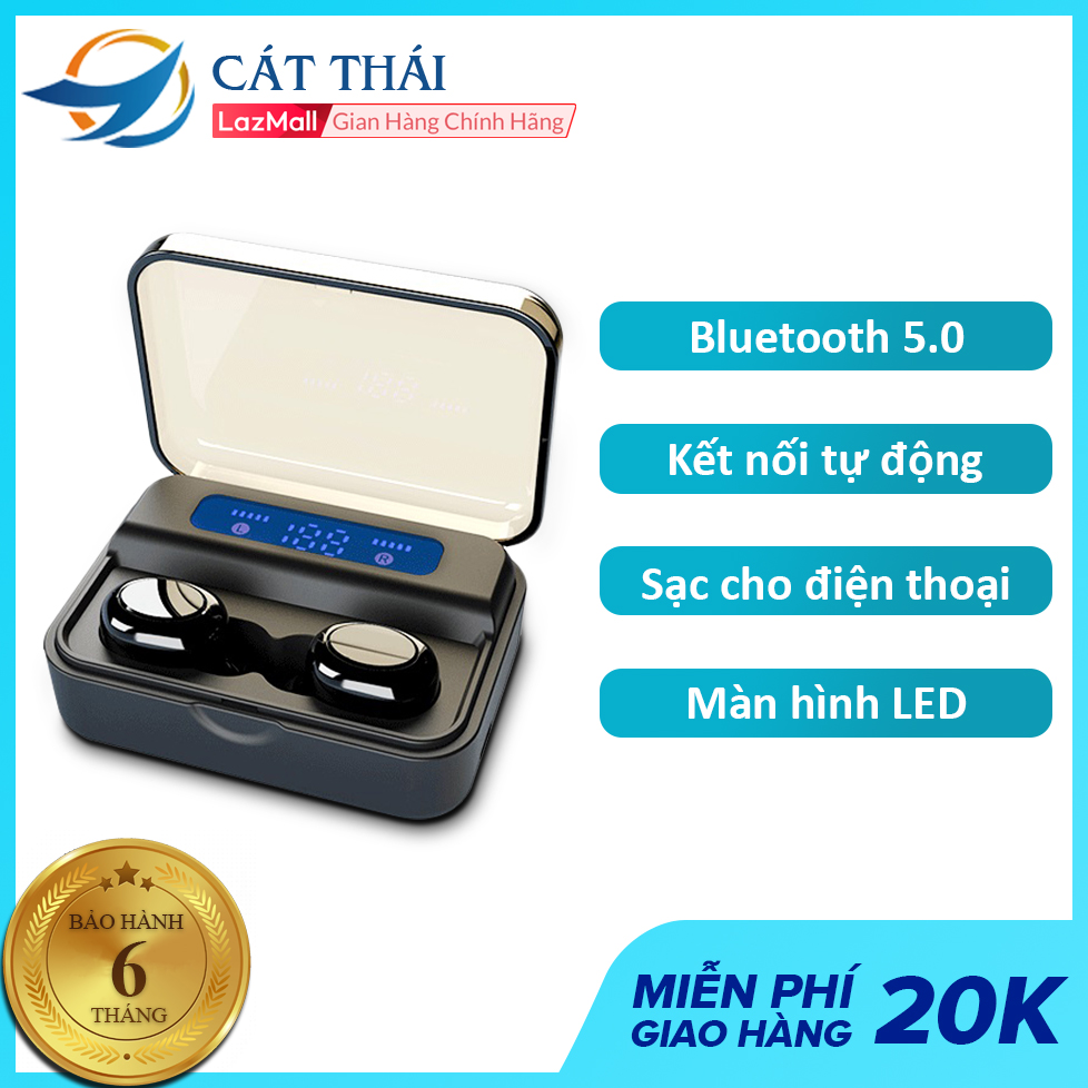 Tai nghe bluetooth Cát Thái F9 hộp đựng có màn hình hiển thị có thể dùng để sạc cho điện thoại bluetooth 5.0 âm thanh cực rõ ràng nhỏ gọn dễ bỏ túi
