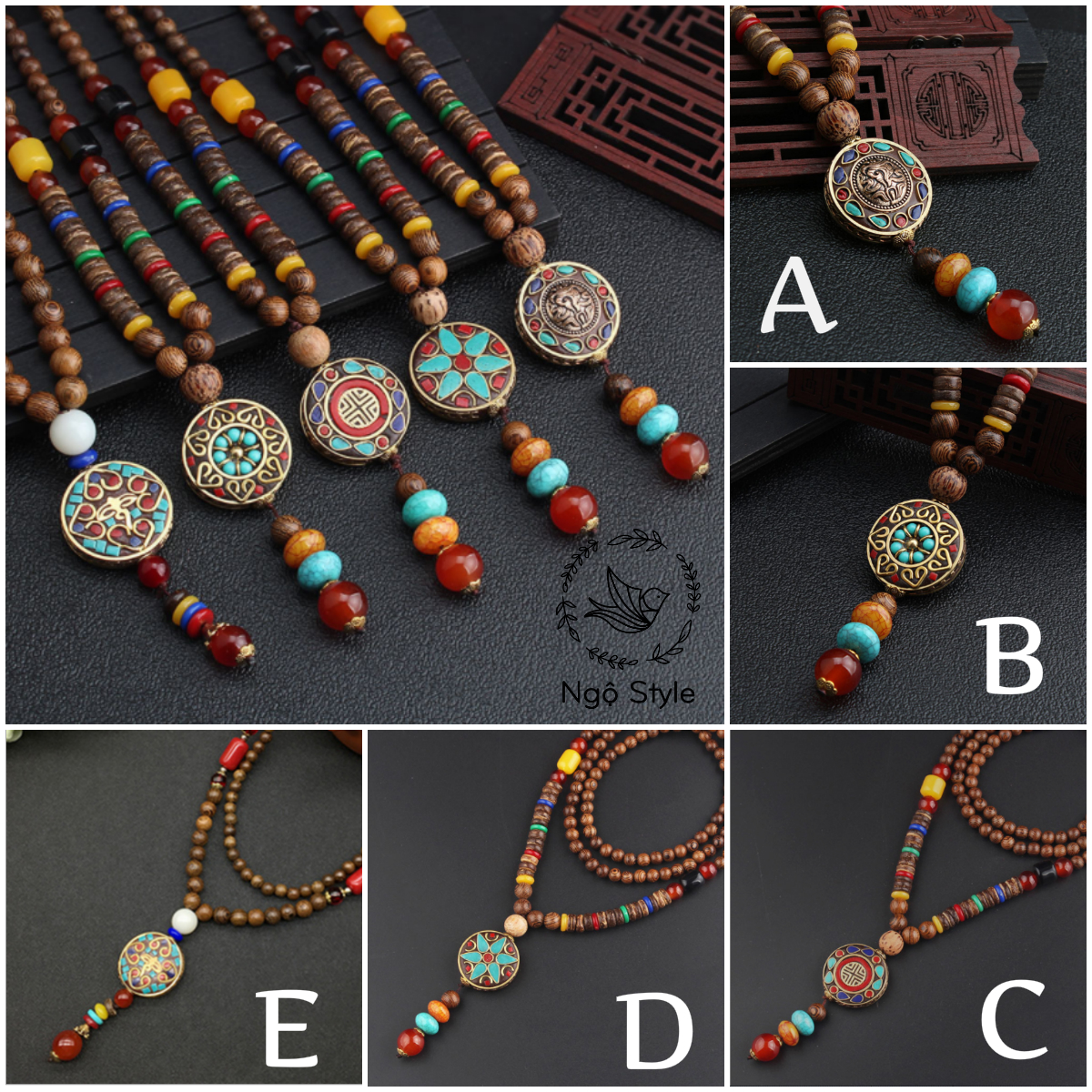 [HCM] Vòng Đeo Cổ, Dây Chuyền Chuỗi Hạt Gỗ Muồng Vân + Hạt Bồ Đề Phong Cách Boho Vintage Nepal