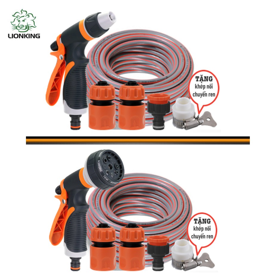 Bộ vòi tưới cây, rửa xe Lionking 5 - 20 mét. Ống nước kết cấu 3 lớp chống gập, chống xoắn. Vòi phun đa năng